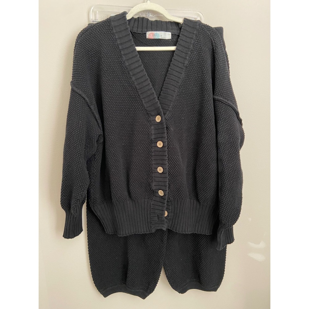 FP Beach Free People Hailee Black Textured Knit Sweater & Jogger Set Size XL - Picture 2 of 6